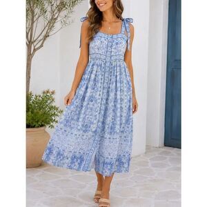 Gretchen Scott Fun In the Sun Blue Floral Tie Strap Maxi Dress Button Front XXS